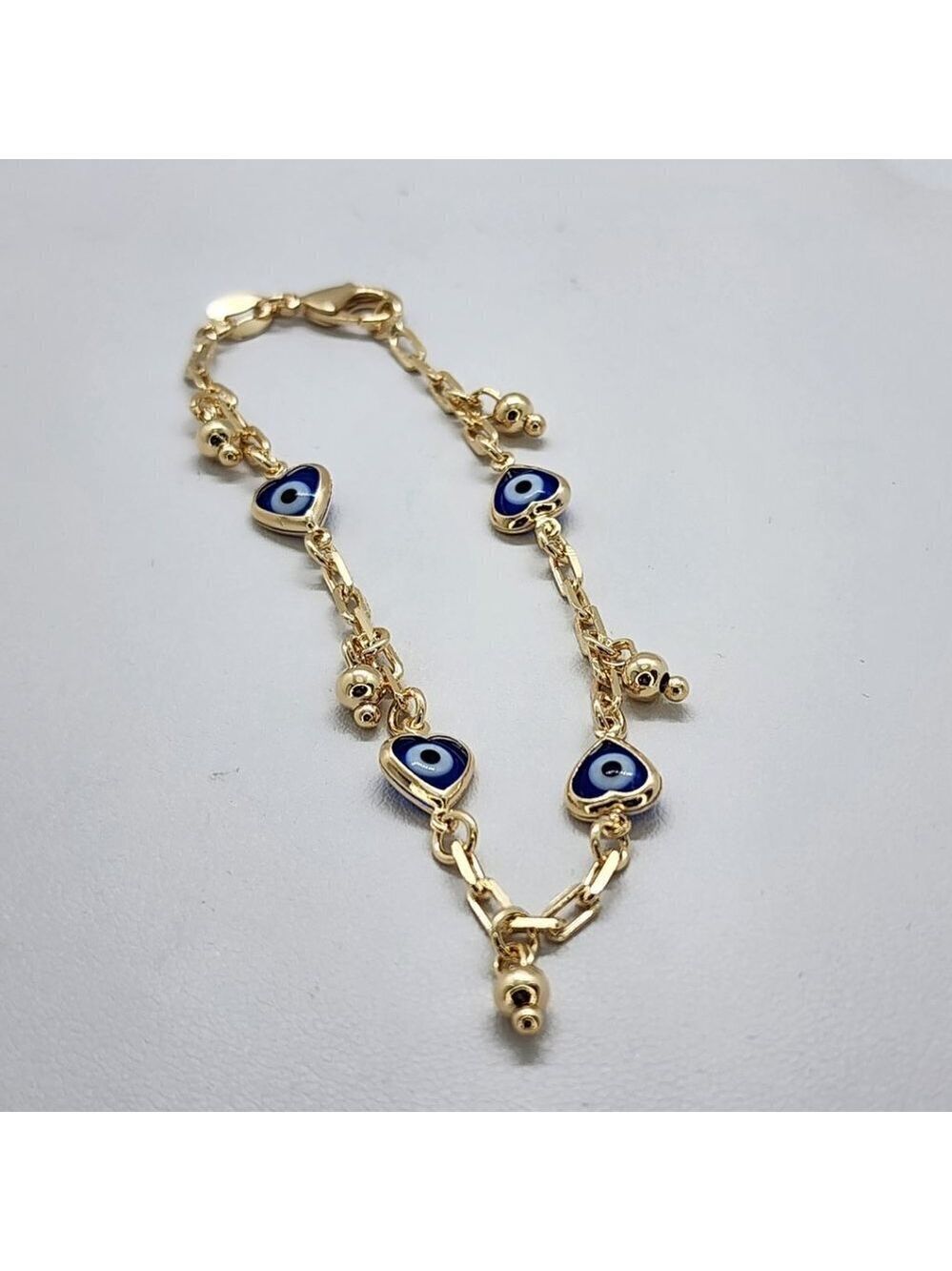 Brand New Brazilian 18k Gold Filled Multi Blue Heart Evil Eye Bracelet - Picture 3 of 5